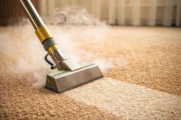 Hot water extraction wand cleaning a carpet