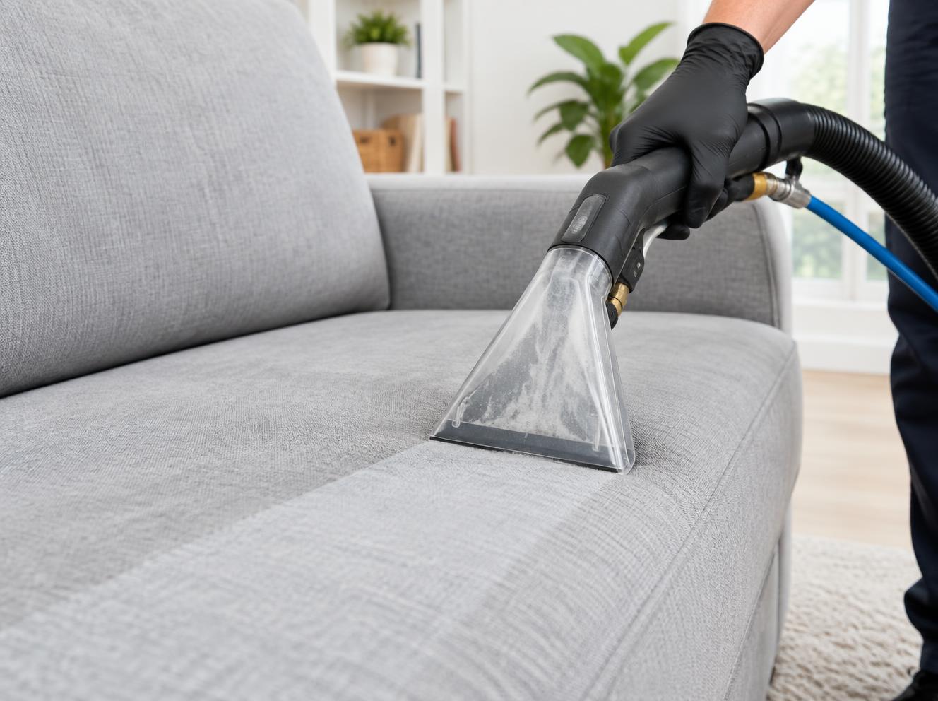 Upholstery cleaning tool on a grey fabric sofa